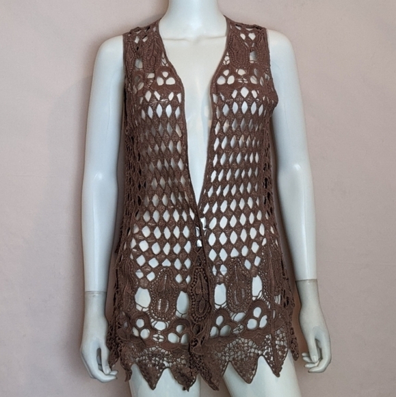 Crochet Festival Hippie Open Front Sleeveless Bohemian Cardigan Top - Picture 1 of 7